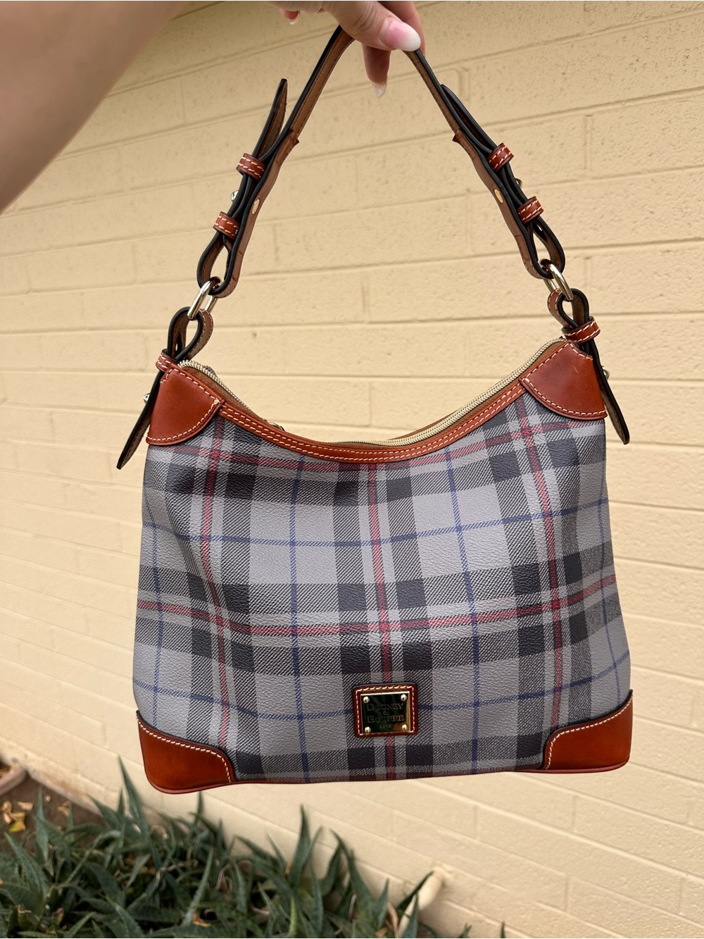 Dooney & Bourke Gray Plaid Shoulder Bag with Brown Trim
